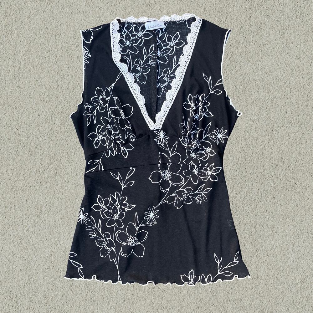 Sheer black and white floral lace trim babydoll top, fairycore whimsigoth Y2K